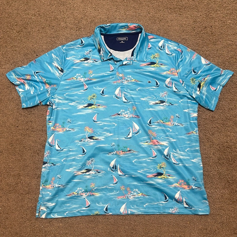 Crown and Ivy XL Blue Hawaiian pattern Polo style shirt Like new condition